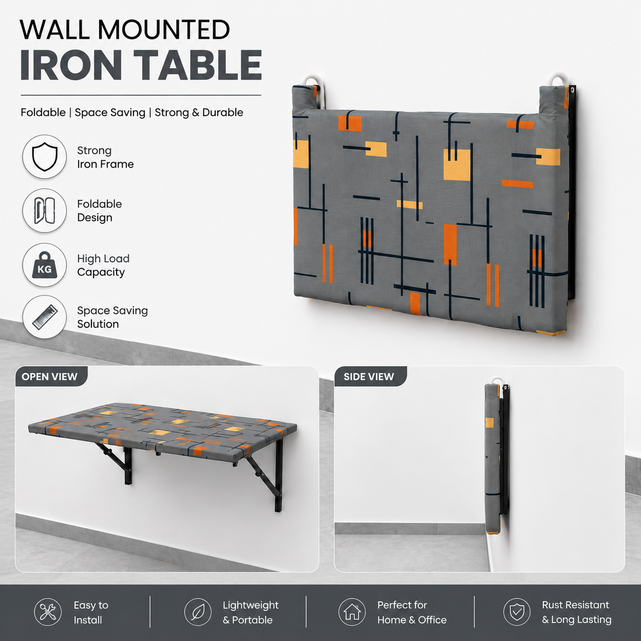 Gray wall mounted folding iron table with padded ironing board and sturdy iron frame